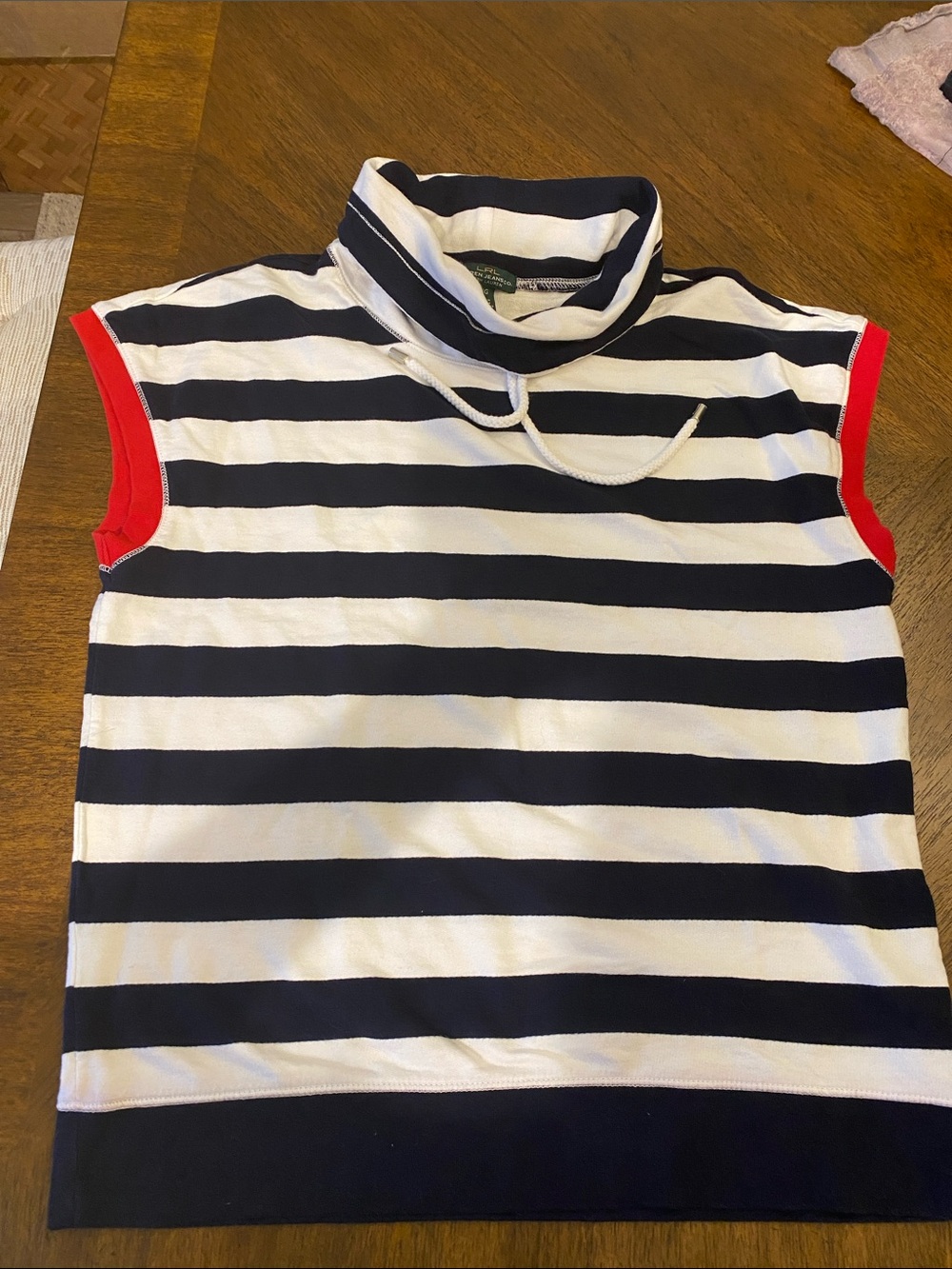 Ralph Lauren Navy & White Striped Sleeveless Mock Neck Tank with Red Trim